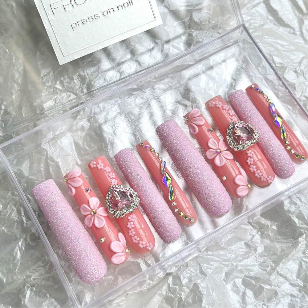 FRUJCDKI Real Gel Handmade luxurious Long Pink Flower Press on Nails Gems Coffin Fake Nails with Designs Glossy False Nails for Women and Girls (041-M)