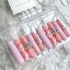 FRUJCDKI Real Gel Handmade luxurious Long Pink Flower Press on Nails Gems Coffin Fake Nails with Designs Glossy False Nails for Women and Girls (041-M) view 1