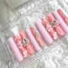 FRUJCDKI Real Gel Handmade luxurious Long Pink Flower Press on Nails Gems Coffin Fake Nails with Designs Glossy False Nails for Women and Girls (041-M) view 2