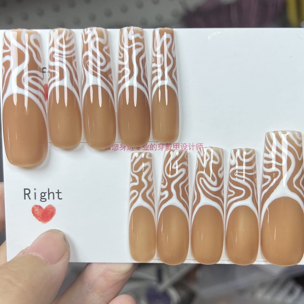 FRUJCDKI Real Gel Handmade luxurious Long White Waves French Press on Nails Gems Coffin Fake Nails with Designs Glossy False Nails for Women and Girls (043-L)