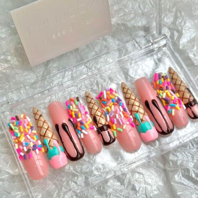 FRUJCDKI Real Gel Handmade luxurious Long Ice-cream candy Press on Nails Gems Coffin Fake Nails with Designs Glossy False Nails for Women and Girls (046-XS)