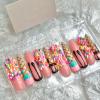 FRUJCDKI Real Gel Handmade luxurious Long Ice-cream candy Press on Nails Gems Coffin Fake Nails with Designs Glossy False Nails for Women and Girls (046-XS) view 1