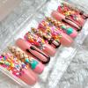 FRUJCDKI Real Gel Handmade luxurious Long Ice-cream candy Press on Nails Gems Coffin Fake Nails with Designs Glossy False Nails for Women and Girls (046-XS) view 3