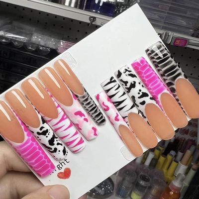 FRUJCDKI Real Gel Handmade luxurious Long Animal print French Press on Nails Gems Coffin Fake Nails with Designs Glossy False Nails for Women and Girls (045-XS)