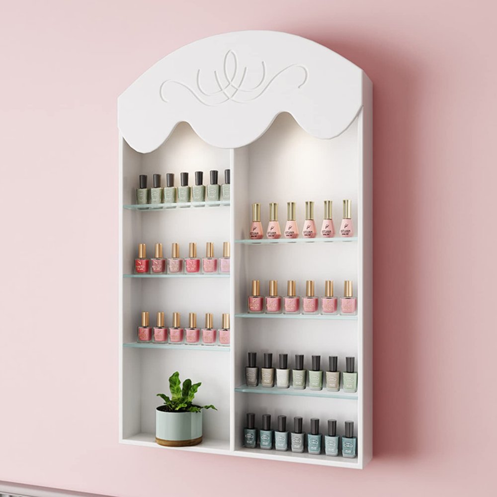 QQXX Wall Mounted Shelf Nail Polish Bottle Display Rack, Wood Hanging Essential Oils Perfume Storage Display Shelf, Salon/Beauty/Nail Shop Organizer Perfume Holder(50cm(19.7"), with Light)