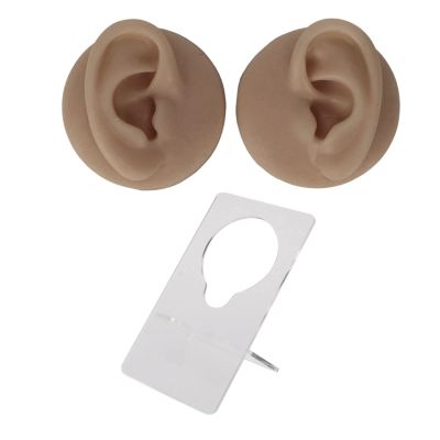 Soft Silicone Ear Model with Stand Base, High Simulation Human Ear Model with Clear Structure, Beauty Salon Piercing Practice Tool for Novices, Multipurpose Fake Ear for Earrings(Dark Skin Color)