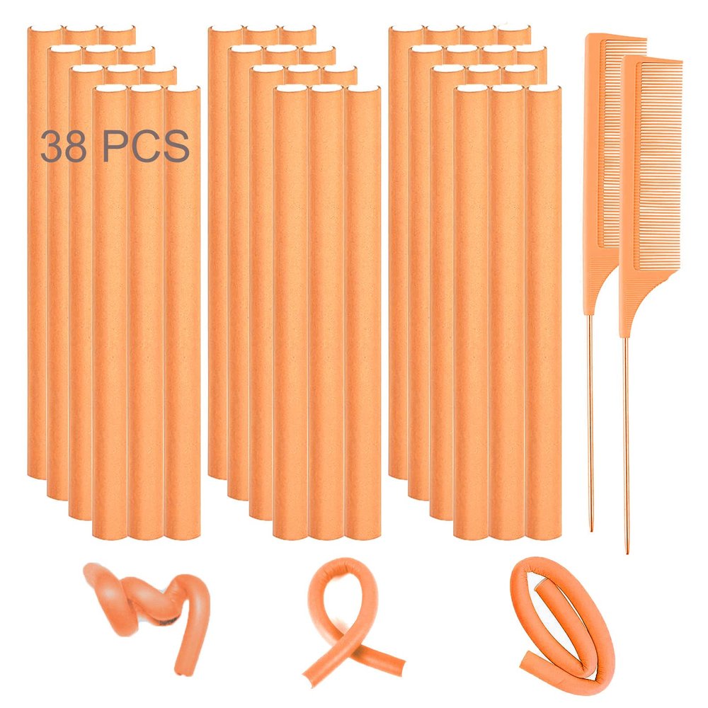 Flexible Hair Curlers, 38 PCs 9.45" Soft Foam Twist Rods for Long Hair, No Heat Overnight Curls & 2 Steel Pintail Combs