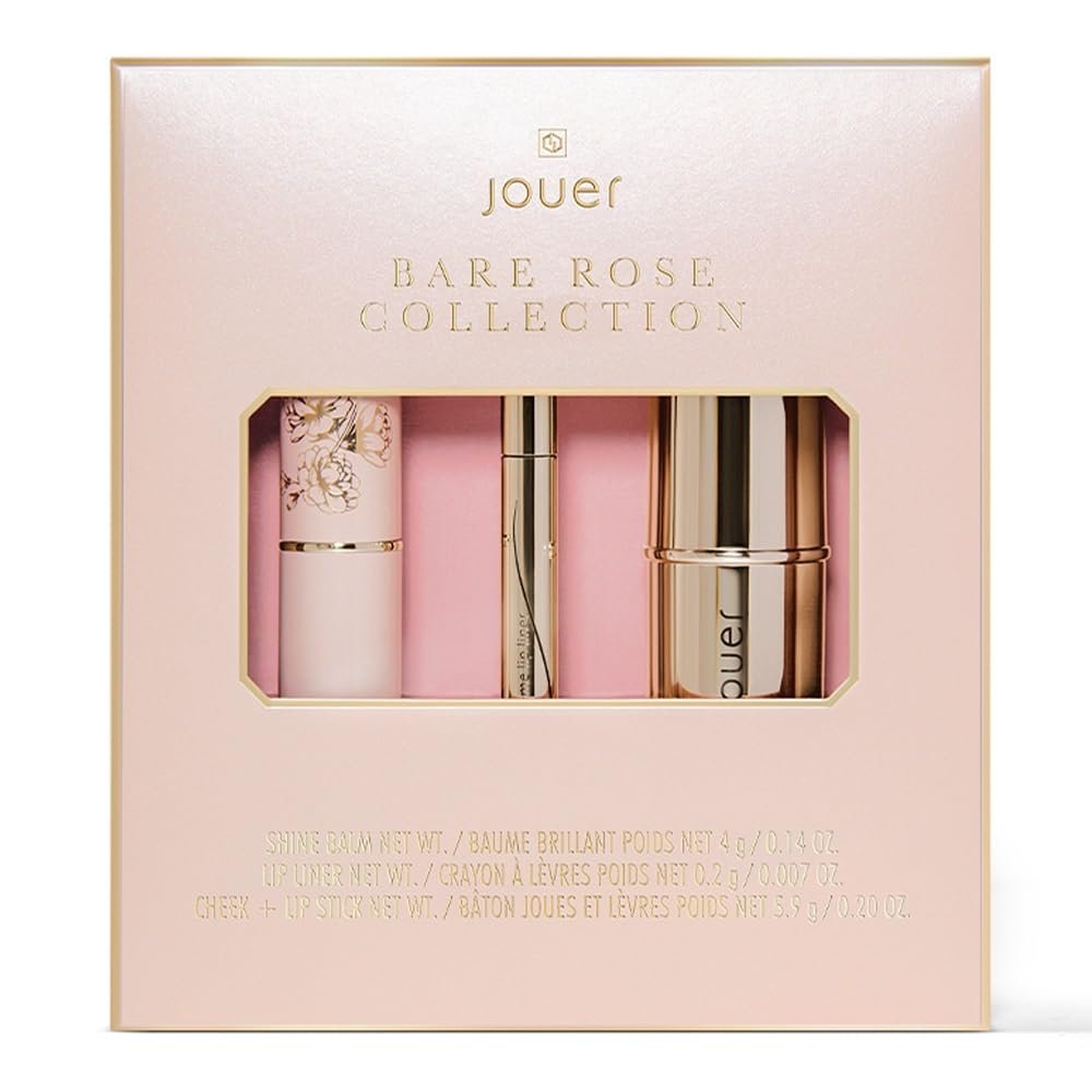 Jouer Bare Rose Collection - Blush Stick, Cream Lip Liner, Lip Plumping Balm Kit - Face Makeup in Rose Shades - Hydrating Formulas for Long Wear