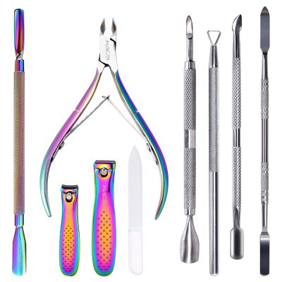 Rolabling 7 pcs Stainless Steel Double Sided Cosmetic Stirring Rod Polish Remover Nail Pusher Cuticle Cutter Set Nail Art Manicure Tools (Set 3)