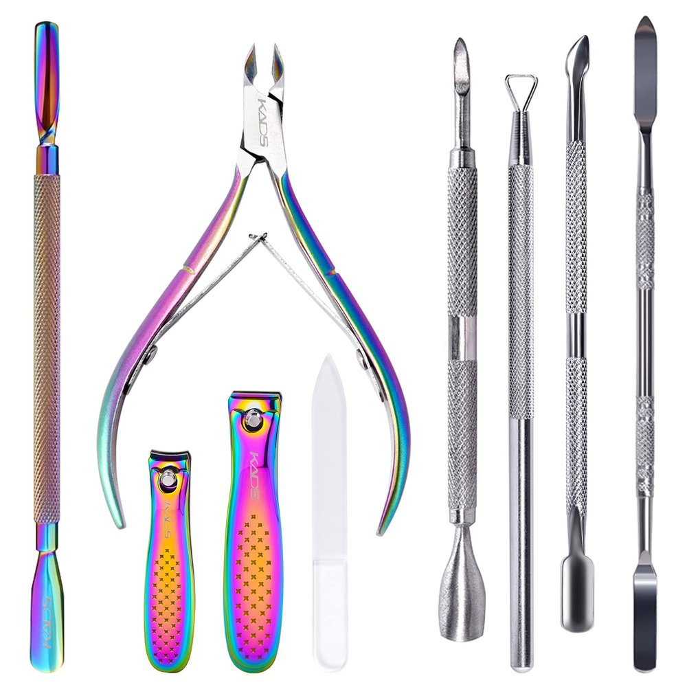 Rolabling 7 pcs Stainless Steel Double Sided Cosmetic Stirring Rod Polish Remover Nail Pusher Cuticle Cutter Set Nail Art Manicure Tools (Set 3)