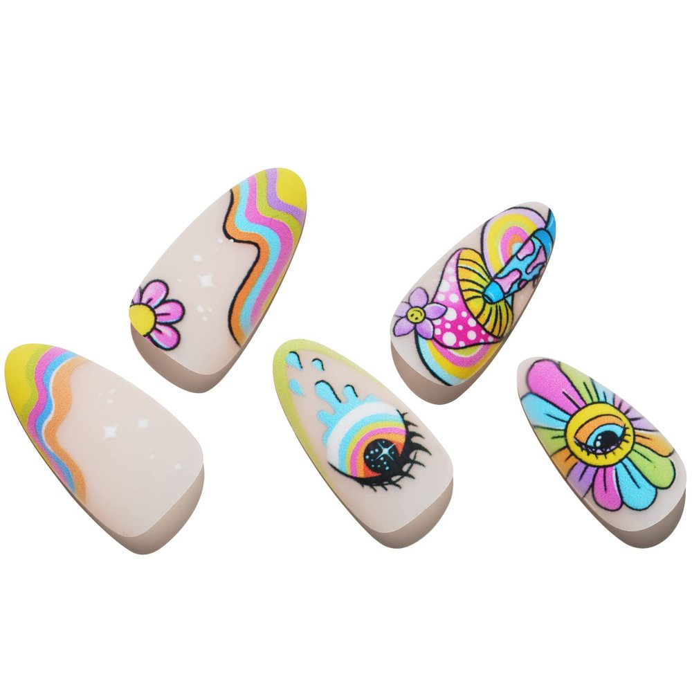 GLAMERMAID Press on Nails Medium Almond, Gothic Rainbow Flower Gel Glue on Nail, Matte Short Stiletto Reusable UV Finish Fake Nails Acrylic False Nails Manicure Kits for Women
