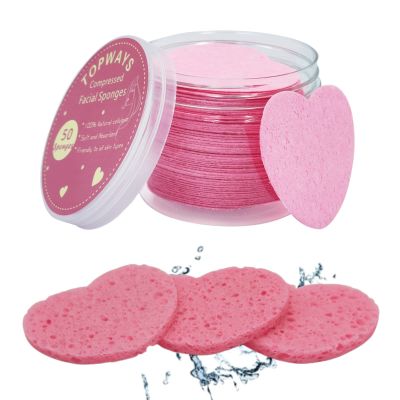 50-Count Compressed Facial Sponges Heart ShapeReusable Natural Face Sponges Professional Cosmetic Spa Sponges for Face Cleansing, Massage, Pore Exfoliating, Mask, Makeup Removal (Heart, Pink)