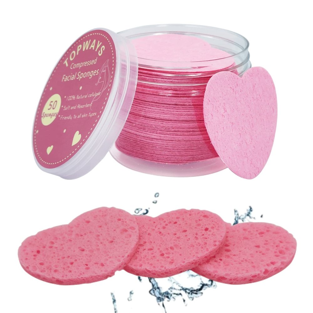 50-Count Compressed Facial Sponges Heart ShapeReusable Natural Face Sponges Professional Cosmetic Spa Sponges for Face Cleansing, Massage, Pore Exfoliating, Mask, Makeup Removal (Heart, Pink)