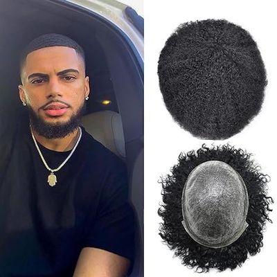 Afro Curly Toupee For Black Men All Poly Skin Brazalian 100% Human Kinky Coily Hair Hairpieces Afro American PU Injection Man Weave Hair Units For Black Men (8''X10''-4mm afro wave, 1# JET BLACK)