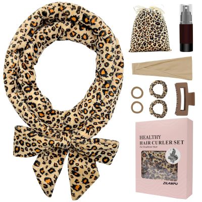 ZILAMPU No Heat Curling Rod Headband for Women and Girls, Overnight Velour Hair Roller Wrap for Long Curls - Leopard Print