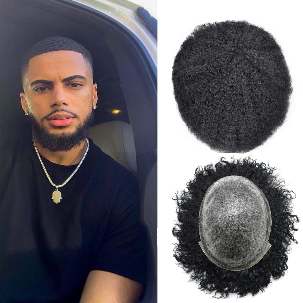 Afro Curly Toupee For Black Men All Poly Skin Brazalian 100% Human Kinky Coily Hair Hairpieces Afro American PU Injection Man Weave Hair Units For Black Men (8''X10''-6mm afro wave, 1# JET BLACK)