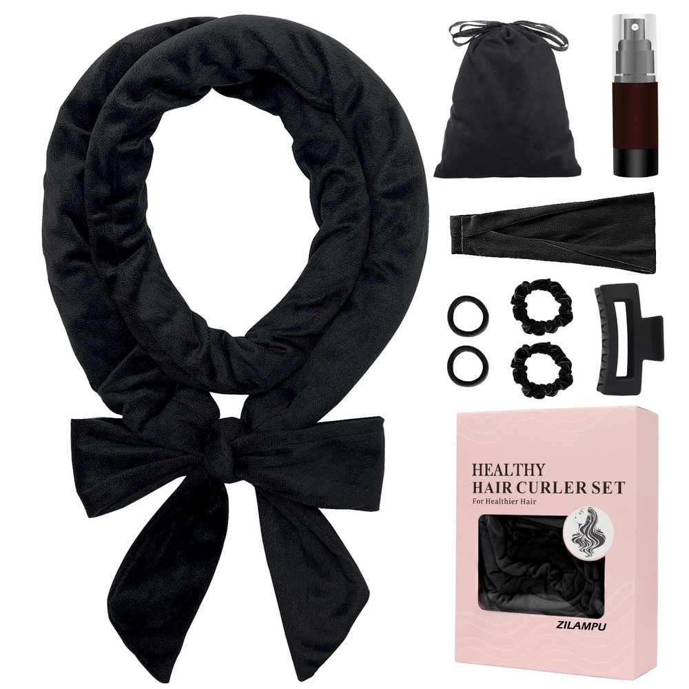 ZILAMPU No Heat Curling Rod Headband, Overnight Velour Hair Curls Roller Wrap for Women with Long Hair - Black