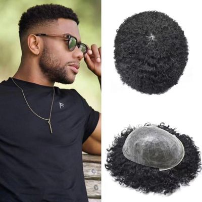 Afro Curly Toupee For Black Men All Poly Skin Brazalian 100% Human Kinky Coily Hair Hairpieces Afro American PU Injection Man Weave Hair Units For Black Men (8''X10''-8mm afro wave, 1B# OFF BLACK)