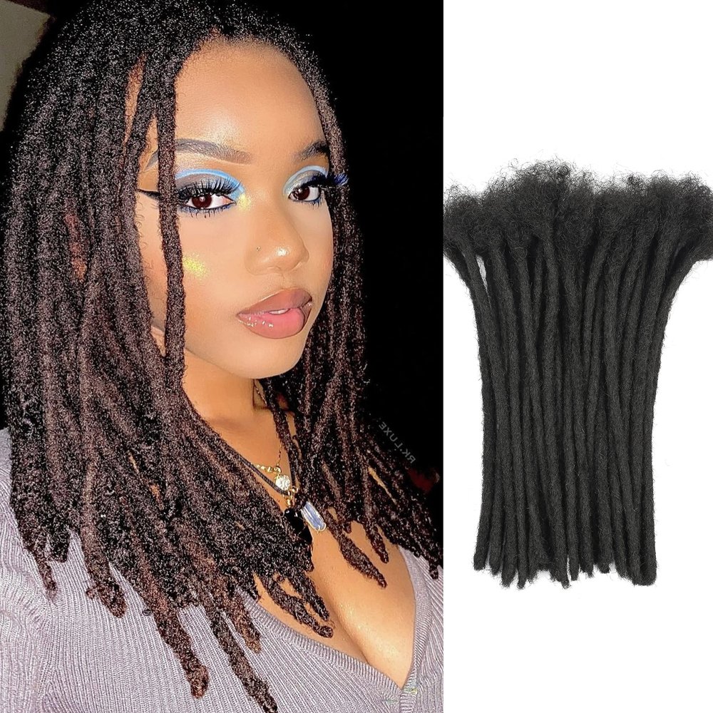 0.8cm Width 8Inch 60 Strands Dreadlock Extensions Real Human Hair 100% Handmade Permanent Loc Extensions Human Hair for Women/Men Can Be Curled and Bleached(width 0.8cm #1B color)