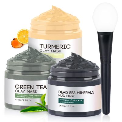 BOJICA 3PCS Clay Face Mask Skincare - Facial Skin Care Mask for Deep Pore Cleansing Turmeric Dead Sea Mud Green Tea Purifying and Hydrating - Reduce Acne Blackheads for Women and Men 2.5 OZ each