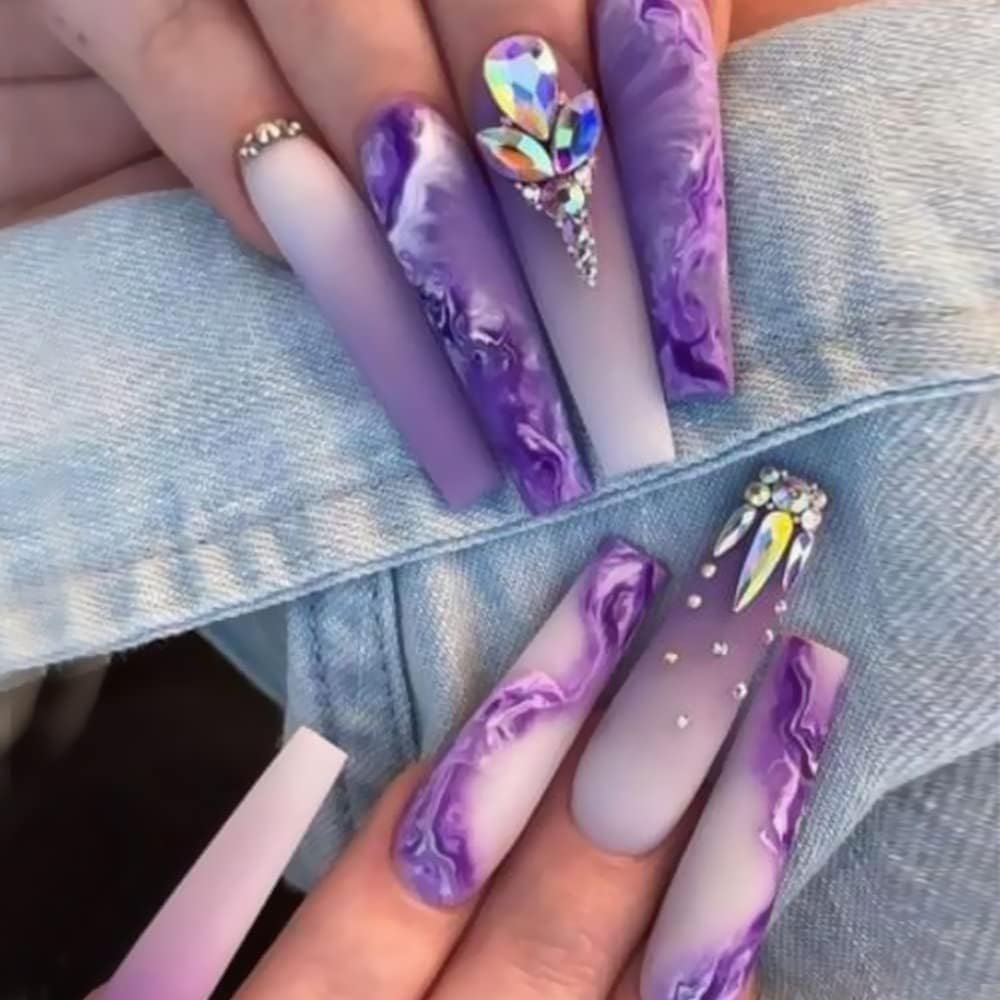FRUJCDKI Luxurious Purple Long Press on Nails Gems Coffin Fake Nails with Designs Glossy False Nails for Women and Girls
