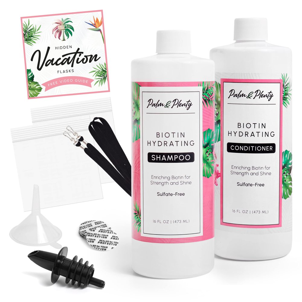 PALM AND PLENTY Hidden Flasks for Liquor | 16 Oz Fake Shampoo and Conditioner Bottles to Hide Alcohol on Cruise | Food-Grade, Leak Proof Containers | (2 pack -16oz Bottles)