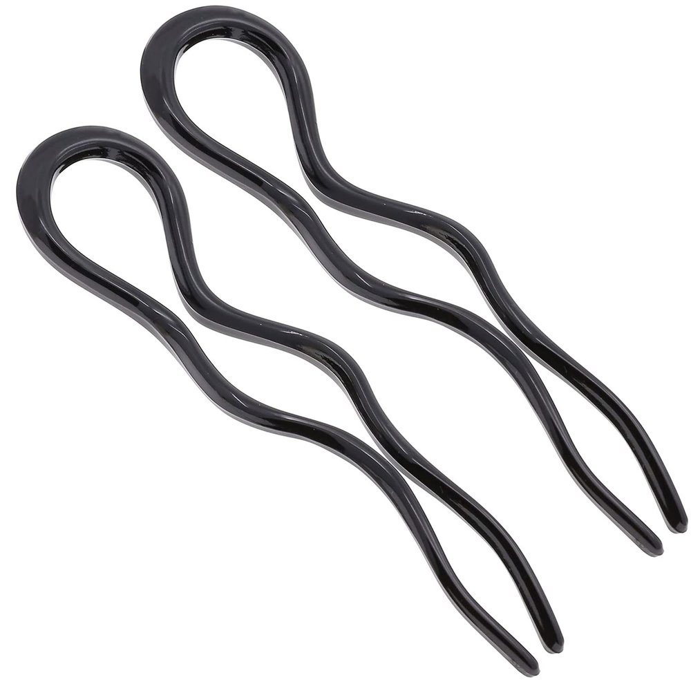 Camila Paris CP3285-2 French Twist Stick Hair Fork, 2 Large 5 Inch Wavy U Shaped Hair Pin Clip for Spiral Updo and Bun, Black, Fashion Flexible Styling Hair Accessories for Women, Made in France
