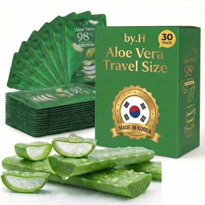 by.H Travel Size Aloe Vera Gel (30 Mini Packets) - TSA-Friendly Organic Soothing Gel for Face & Body - 98% Pure Aloe Gel Packets, Sunburn Relief, Non-Greasy, Portable Travel Packet, Made in Korea