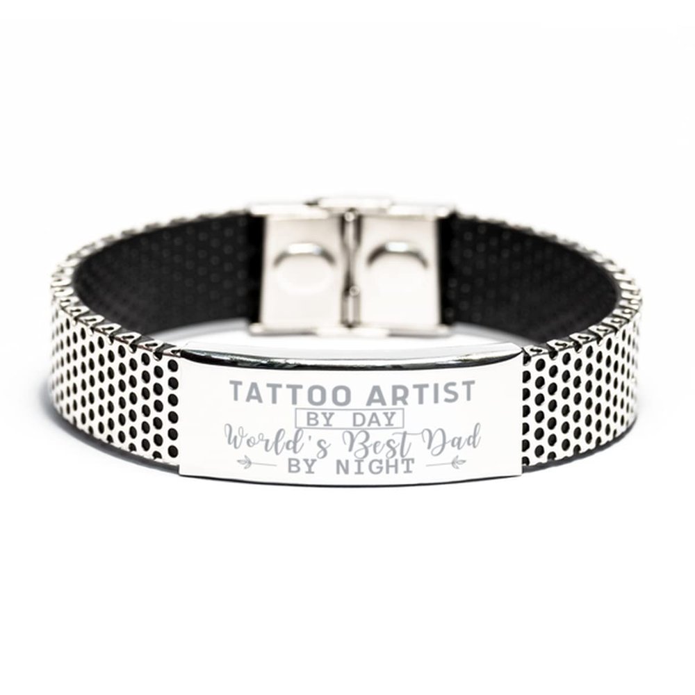 Fathers Day New Tattoo Artist Dad Engraved Bracelet, Tattoo Artist By Day, World's Best Dad By Night Stainless Steel Bracelet Gifts, New Tattoo Artist Dad Gifts For Him,Tattoo Artist Dad Birthday