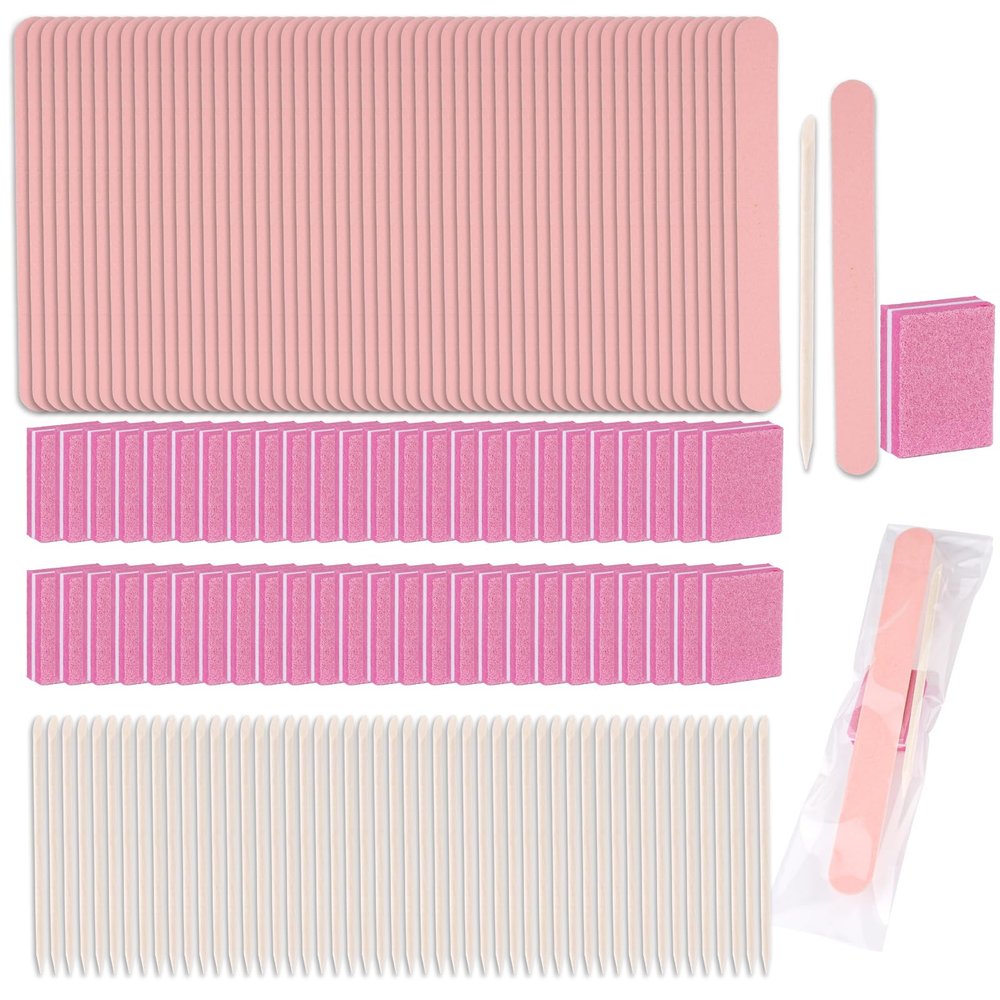 Disposable Manicure Kit - 50pc Set, Includes Mini Nail Buffer, Nail File, Wood Stick, OPP Bag, Press On Nail Tool Kit for Salon & Home (Pink)