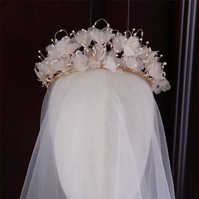 LUNNUN Crystal Flower Bride Tiara Women's Hair Jewelry Bride Hair Band Pearl Wedding Jewelry Headband Handmade Bridal Accessories Hair Clips