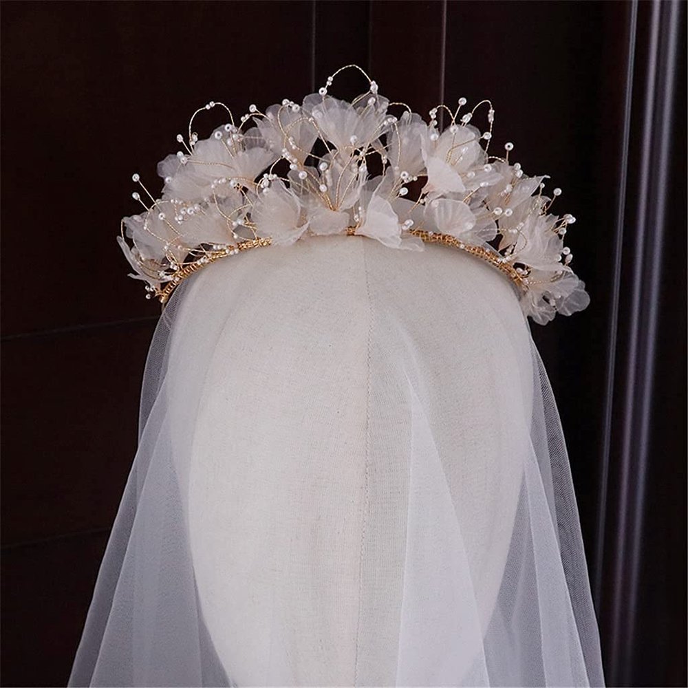 LUNNUN Crystal Flower Bride Tiara Women's Hair Jewelry Bride Hair Band Pearl Wedding Jewelry Headband Handmade Bridal Accessories Hair Clips