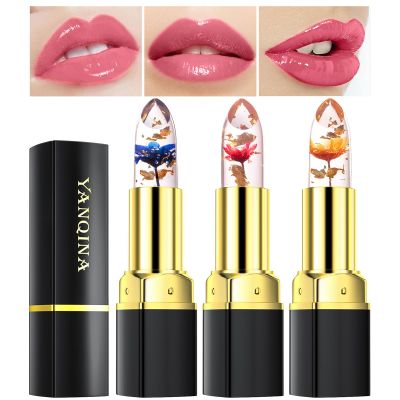 Bekoeen 3Pcs Clear Color Jelly Lipstick,Crystal Jelly Flower Color Changing Lipstick Set, Moisturizer Korean Lip Balm,Color Changing Flower Lip Gloss,Covering Lip Lines
