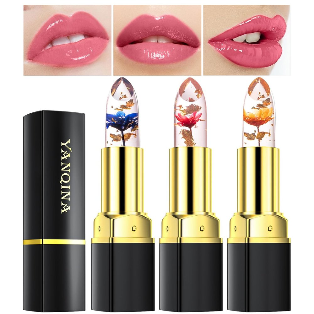 Bekoeen 3Pcs Clear Color Jelly Lipstick,Crystal Jelly Flower Color Changing Lipstick Set, Moisturizer Korean Lip Balm,Color Changing Flower Lip Gloss,Covering Lip Lines