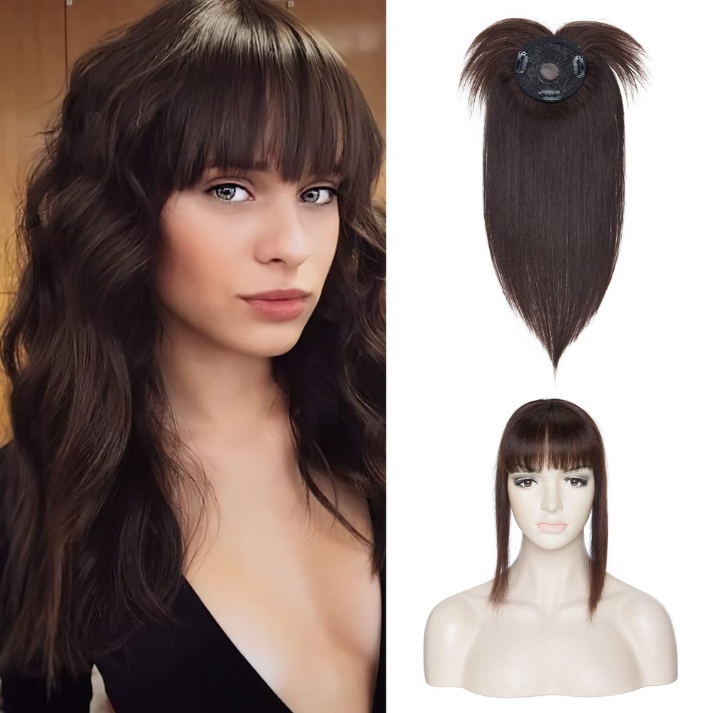 Benehair 150% Density 14 Inch Human Hair Toppers for Women with Bangs Mono Base Clip in Topper Top Hair Pieces for Women with Thinning Hair/Gray Hair/Hair Loss -Dark Brown #2