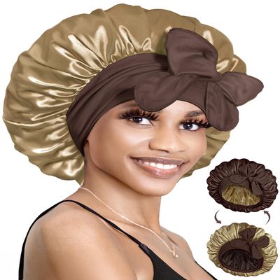 BONNET QUEEN Silk Bonnet for Sleeping Satin Bonnet with Tie Hair Wrap Double Layer Sleep Cap for Women Curly Hair, Brown Yellow
