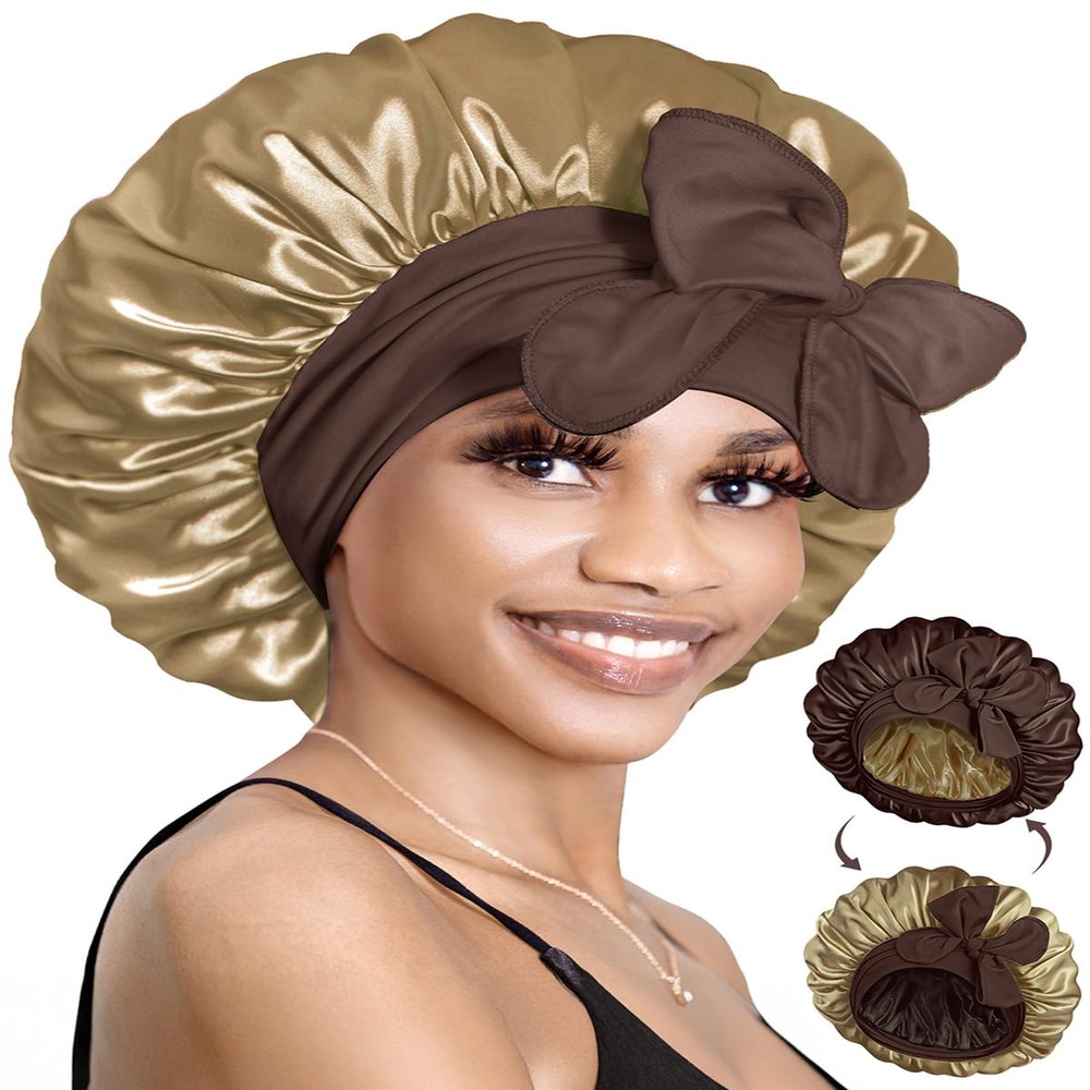 BONNET QUEEN Silk Bonnet for Sleeping Satin Bonnet with Tie Hair Wrap Double Layer Sleep Cap for Women Curly Hair, Brown Yellow