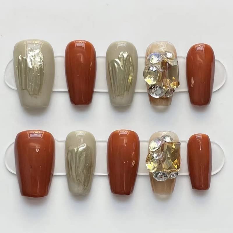 NAILMEOW Salon Quality Handmade press on nails Medium Length- Red Leo Coffin Shape Luxury Reusable Seven Layers Gel UV Finish Fake Nail Tips