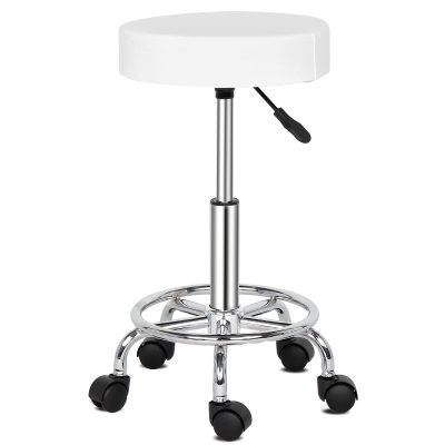HEPMIMZHU Round Rolling Bar Stool PU Leather with Wheels and Foot Rest, Height Adjustable Task Work Drafting Chair with Back for Salon Spa Tattoo Facial Medical Office Chairs (White1)