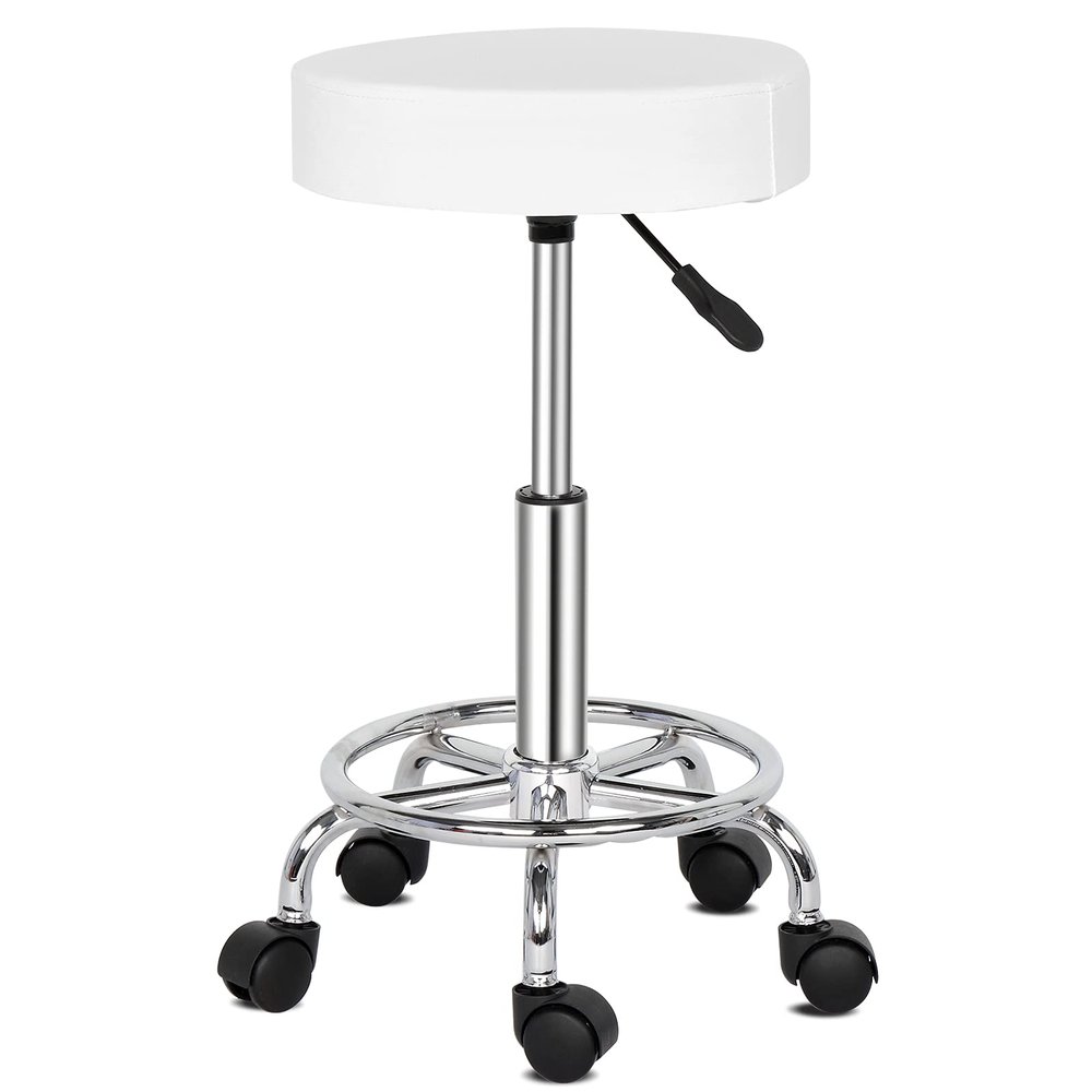 HEPMIMZHU Round Rolling Bar Stool PU Leather with Wheels and Foot Rest, Height Adjustable Task Work Drafting Chair with Back for Salon Spa Tattoo Facial Medical Office Chairs (White1)