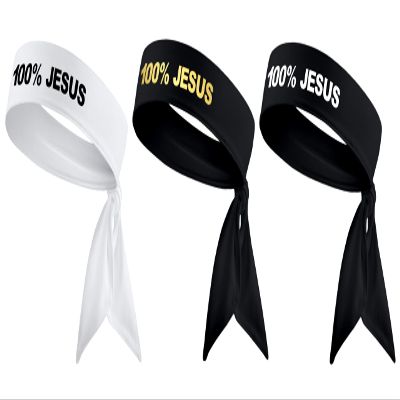 100% Jesus Sports Head Tie Headband Soccer Ftbol Football Athletics Fitness - Stretch Sweatband Headwrap Ninja Tie Bandana Moisture Wicking White Black Metallic Gold (Set 1)