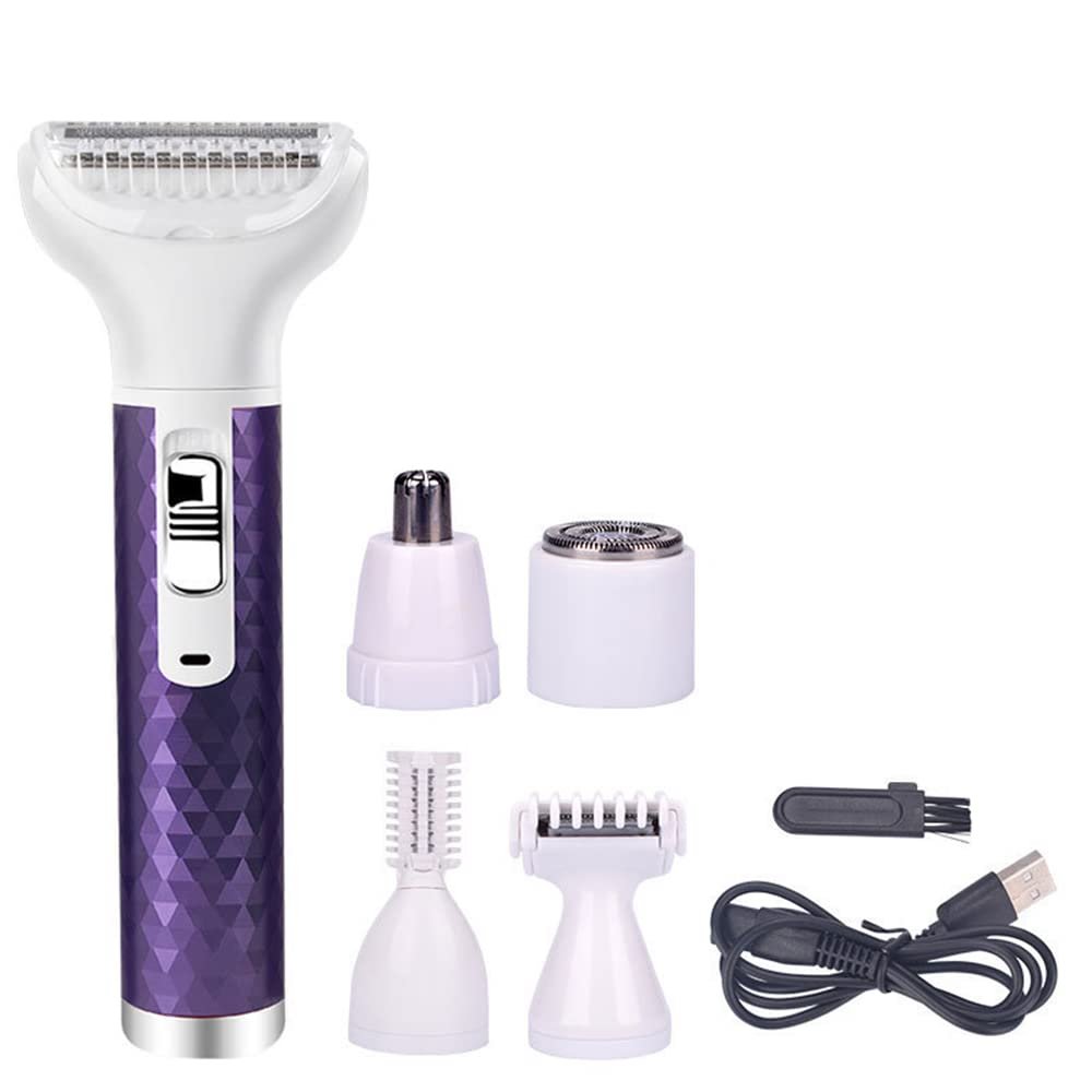 Electric Shaver for Women, Rechargeable Hair Removal Electric Razor USB Charging 5 in 1 Painless Shaver for Bikini Women Area/Nose/Armpit/Arm/Leg Hair Trimmer (Purple)