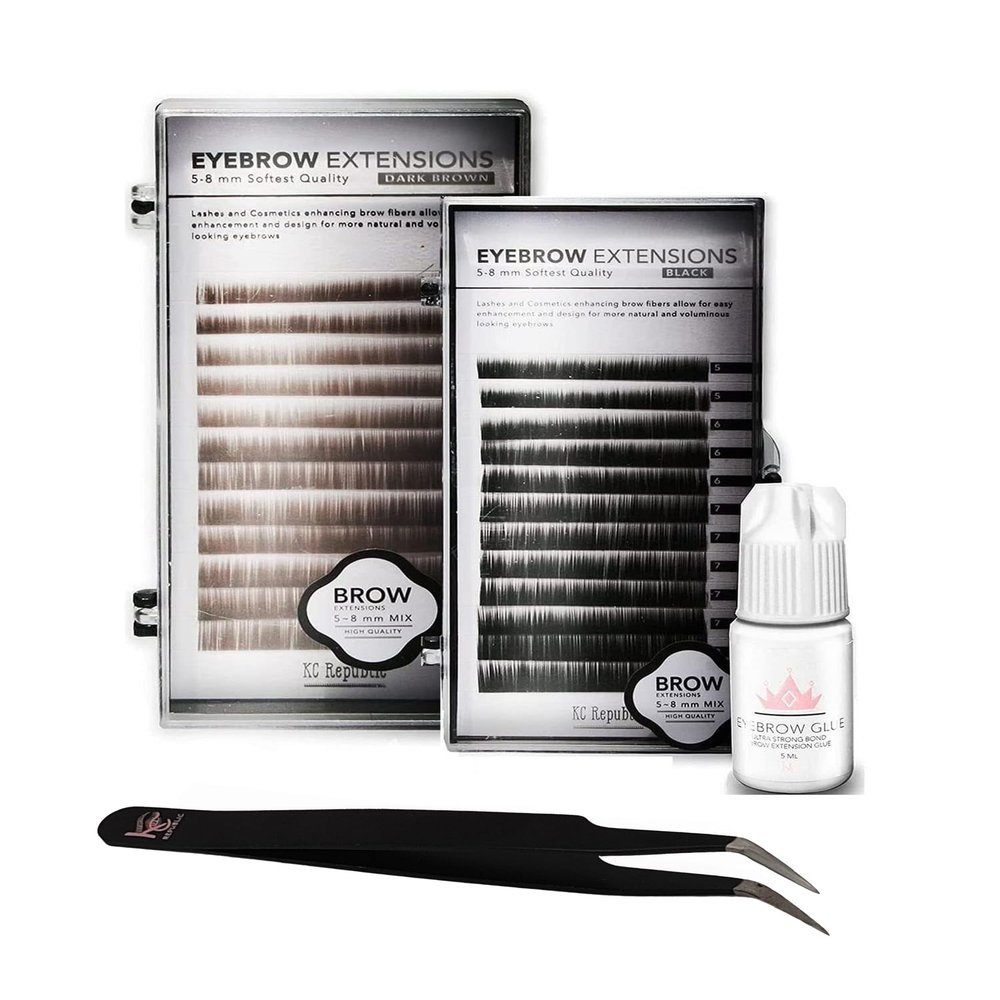 KC Republic Lash Eyebrow Extensions Kit with 2 Trays of Mink False Eyebrows in Black and Dark Brown, Eyebrow Extension Glue Clear & Extension Tweezers, Comes on Mixed Length Trays 5-8 mm