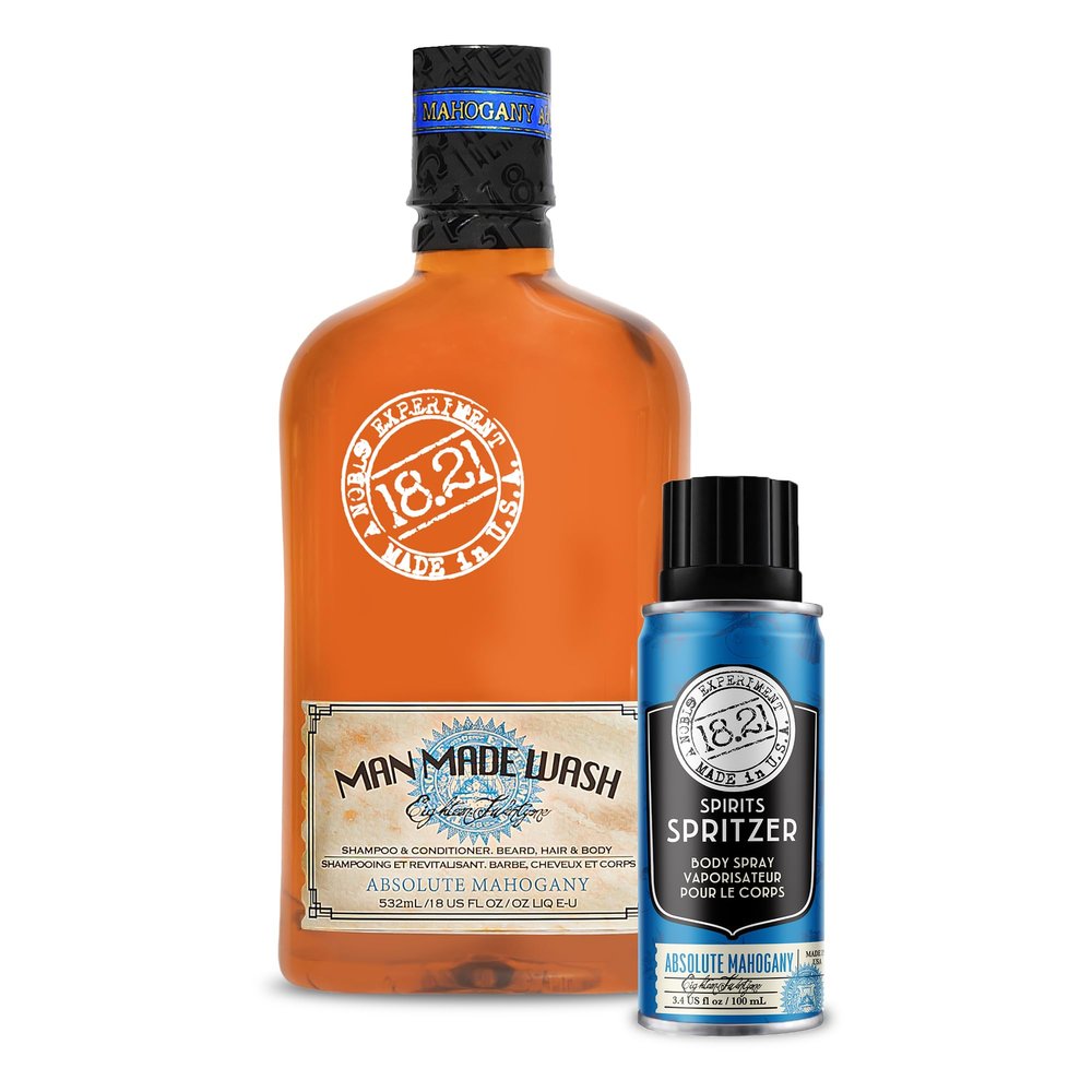 18.21 Man Made Original Absolute Mohogany Scent 3-in-1 Body Wash and Spirit Spritzer 2-Pack Bundle, All Hair & Skin Types for Men, Strengthens and Moisturizes in a Manly Aroma