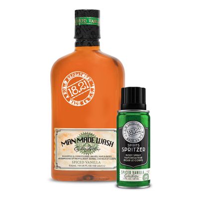 18.21 Man Made Original Spiced Vanilla Scent 3-in-1 Body Wash and Spirit Spritzer 2-Pack Bundle, All Hair & Skin Types for Men, Strengthens and Moisturizes in a Manly Aroma
