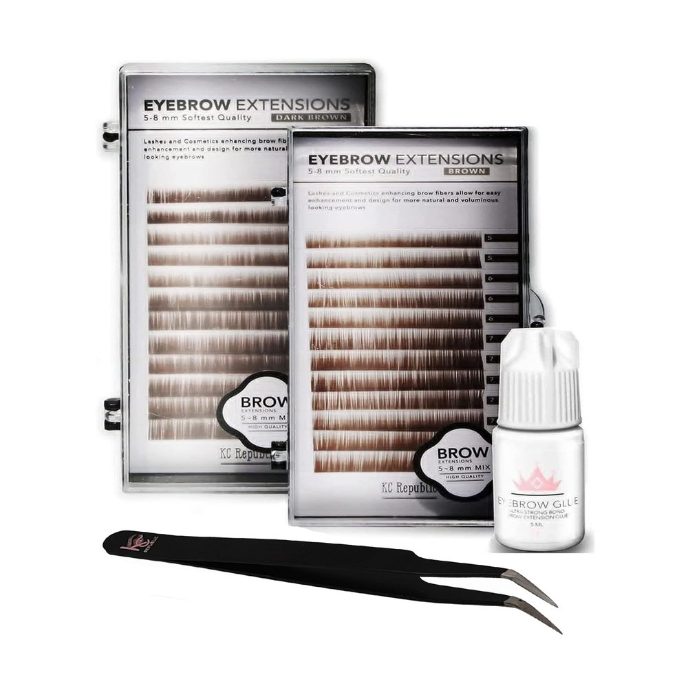 KC Republic Lash Eyebrow Extensions Kit with 2 Trays of Mink False Eyebrows in Brown and Dark Brown, Eyebrow Glue Clear & Extension Tweezers, Comes on Mixed Length 5-8 mm (Black Tweezer)