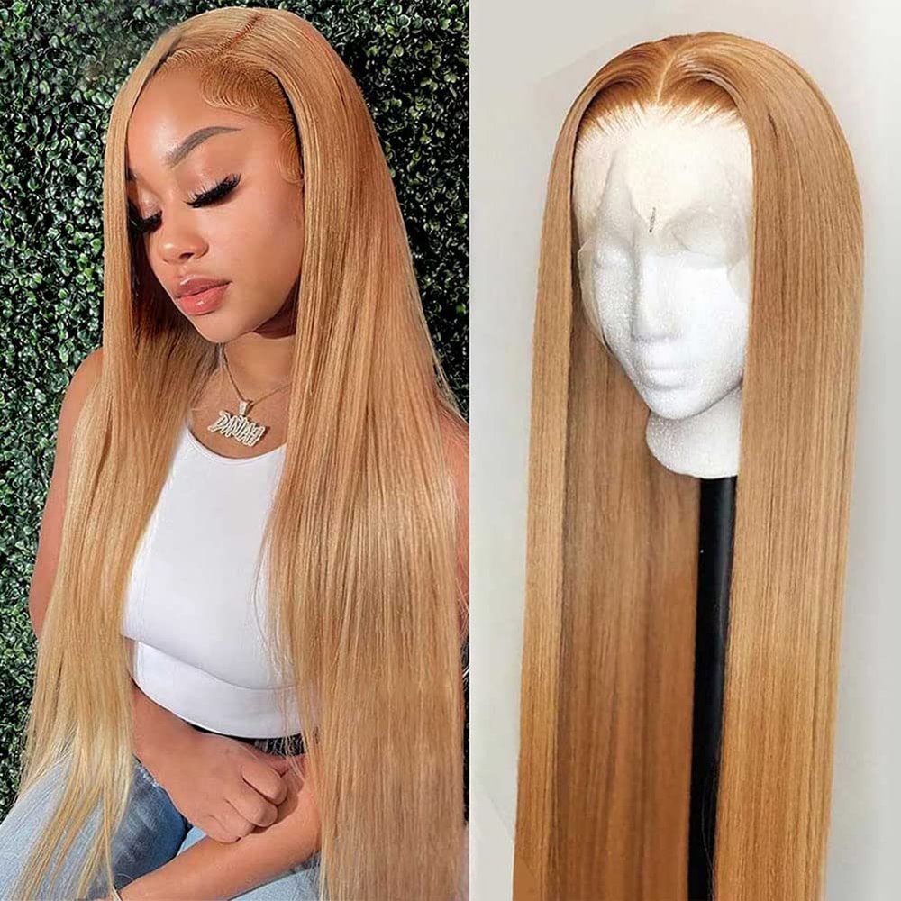 13x4 Honey Blonde Lace Front Wigs Human Hair 150% Density Straight #27 Blonde Lace Front Wig Human Hair Pre Plucked With Baby Hair Strawberry Blonde Lace Frontal Wig Human Hair For Women 18 Inch