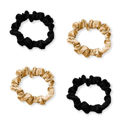 Skinny Satin Scrunchies Set, 4Pcs Comfortable Elastics Silk Hair Ties, Ponytail Holder for Women Girls Hair Accessories (Black + Gold)