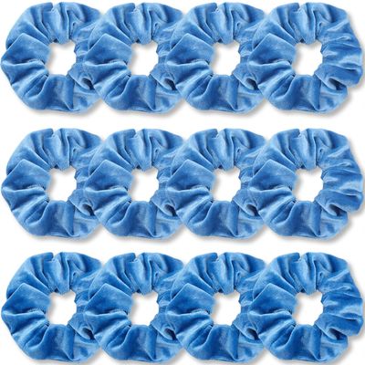 IVARYSS Azure Blue Scrunchies Bulk, Premium Velvet Soft Hair Scrunchy, Solid Colors Thick Elastic Bands, Hair Accessories for Women and Girls, 12 Pack