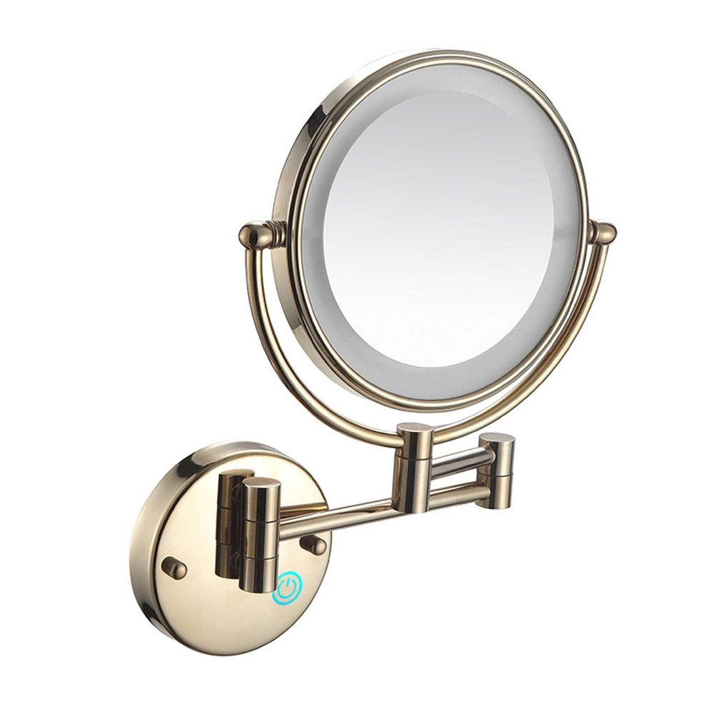 YSUEFIJO Wall Mounted Makeup Mirror with Lights, Double Sided Magnifying Cosmetic Mirror, Portable Trifold Shaving Barber Mirror, Extended Arm 360 Rotation, Gift for Women